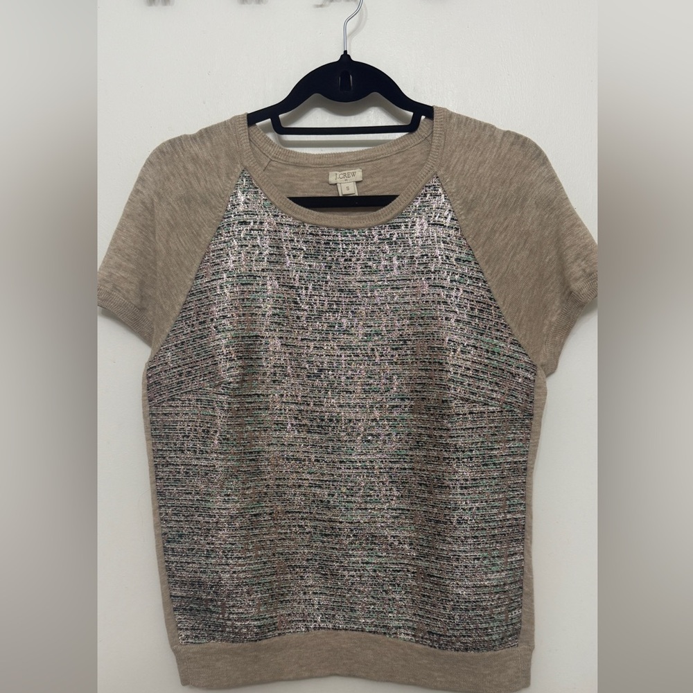 J.CREW Metallic Tweed Front Knit Top Sweater Tan Beige Short Sleeve Women’s S